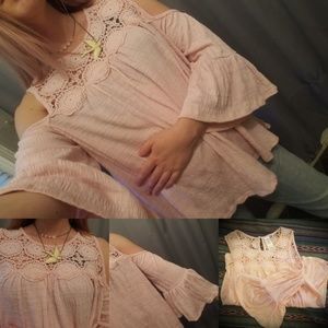 Medium Time And Tru Rose Pink Blouse Crochet Bell